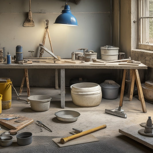 A cluttered workshop table with various concrete finishing tools, including a steel trowel, edger, jointer, and float, surrounded by concrete mix, buckets, and a partially finished concrete slab in the background.
