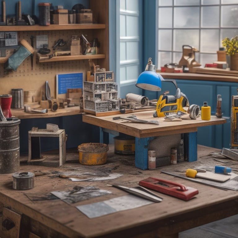 A cluttered workbench with a hammer, tape measure, level, and power drill, surrounded by scattered blueprints, paint swatches, and a miniature model of a house in the background.