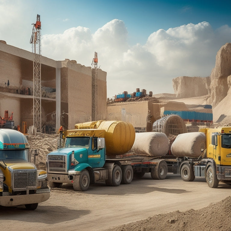 A bustling construction site with five trucks in the background, each with a different type of plastering material (cement bags, drywall, lime putty, etc.), with workers unloading materials in the foreground.