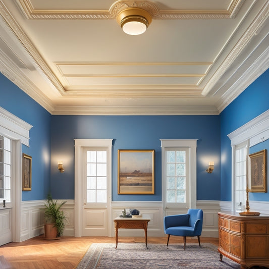 A bright, well-lit room with a perfectly renovated ceiling featuring a combination of recessed lighting, crown molding, and a subtle texture, surrounded by renovation tools and materials.