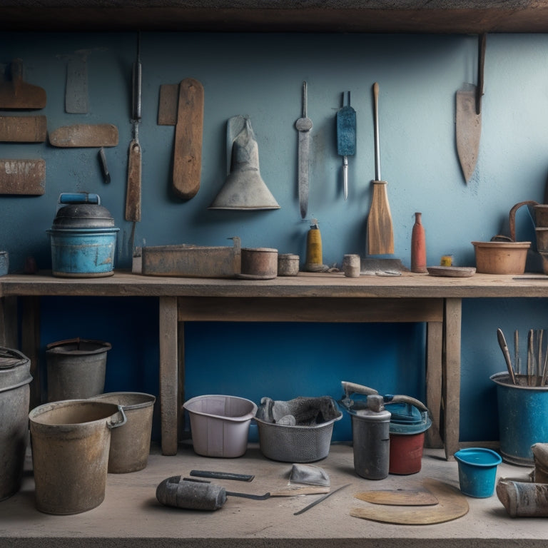 A tidy, well-organized workshop with a variety of plastering tools laid out on a wooden workbench, surrounded by a patched and painted wall, with a bucket of mixed plaster in the corner.
