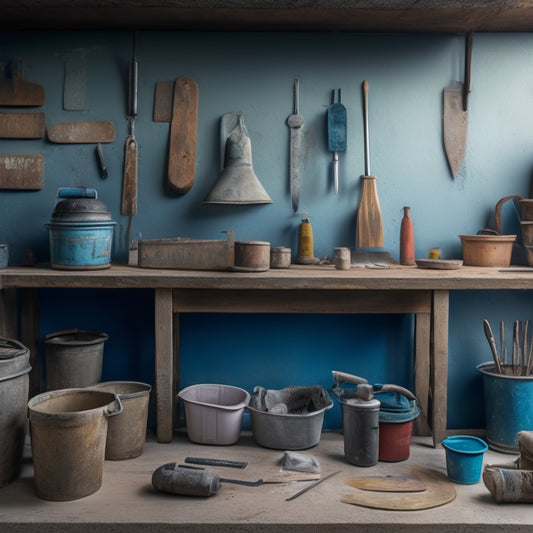 A tidy, well-organized workshop with a variety of plastering tools laid out on a wooden workbench, surrounded by a patched and painted wall, with a bucket of mixed plaster in the corner.