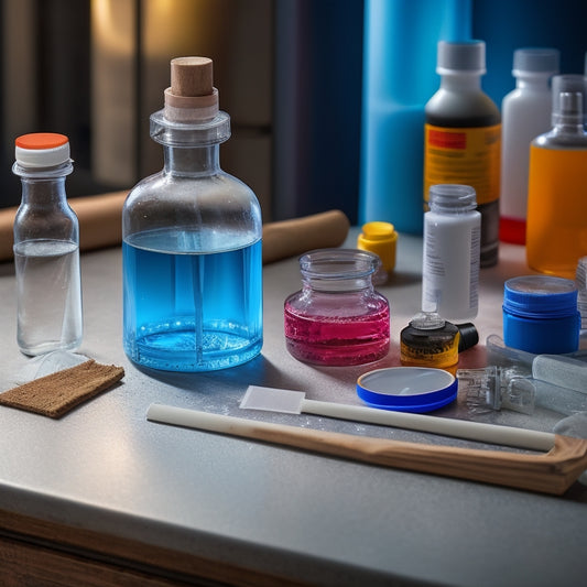 A close-up of a renovation scene showcasing epoxy injection supplies: a sleek syringe, vibrant epoxy resin bottles, a mixing stick, protective gloves, and a detailed surface crack being prepared for repair, all bathed in natural light.