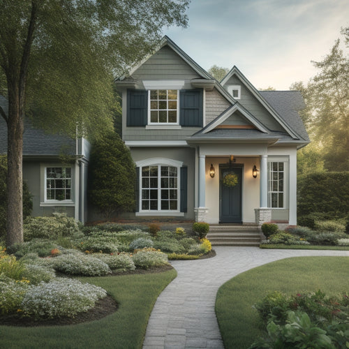 A serene suburban exterior with a partially renovated facade, featuring a mix of old and new materials, with a calendar and clock subtly integrated into the design, surrounded by lush greenery.