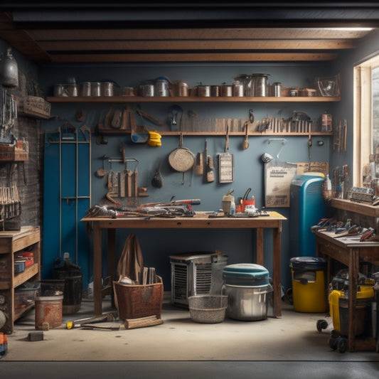 A cluttered block garage with tools scattered around, a workbench in the center, a pegboard on the wall with hanging tools, and a ladder leaning against a corner, with a hint of renovation in progress.