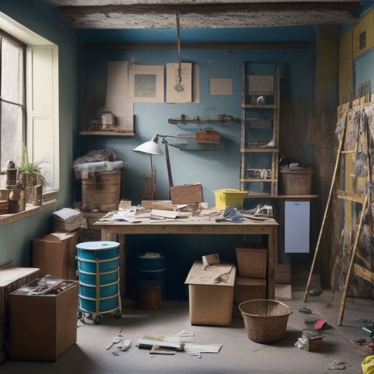 A cluttered, partially renovated room with a ladder, toolbox, and scattered renovation materials; a checklist or clipboard lies open on a sawhorse, surrounded by scattered papers and pens.