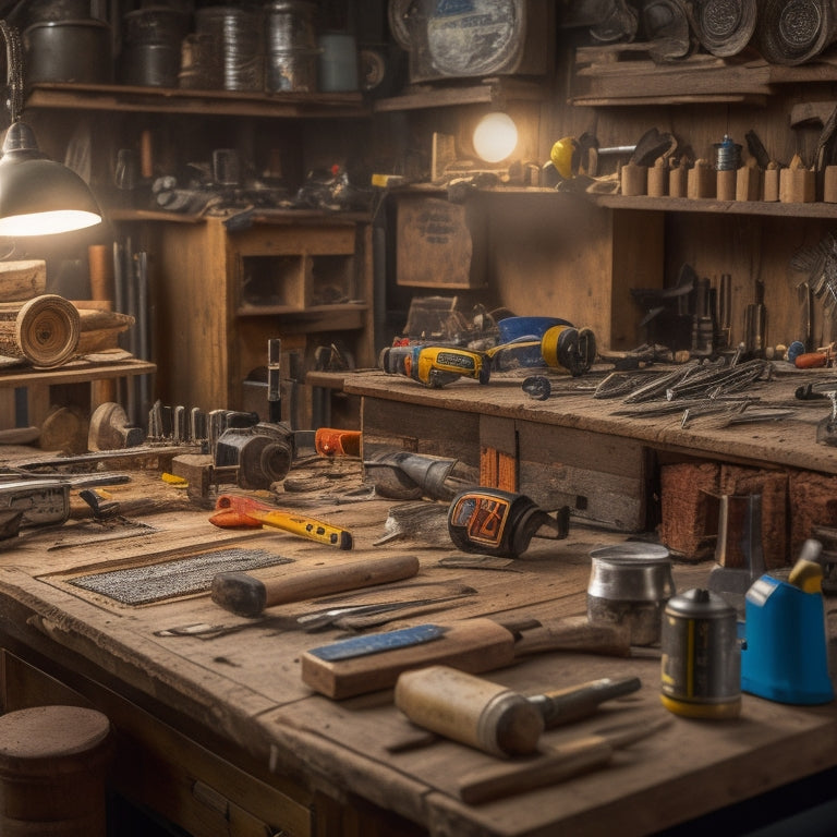 A cluttered workbench with various DIY tools and materials, including a cordless drill, level, tape measure, safety goggles, and a half-finished woodworking project in the background.