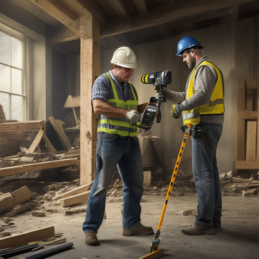 An illustration of a renovator holding a laser level and tape measure, surrounded by partially demolished walls, exposed wooden studs, and scattered construction tools, with a faint grid of measurement lines in the background.