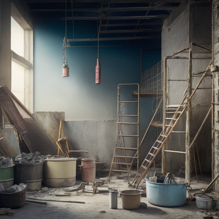 An image depicting a cluttered renovation site with various drill models surrounding a large mixing bucket filled with stucco, with a backdrop of ladders, scaffolding, and half-finished walls.