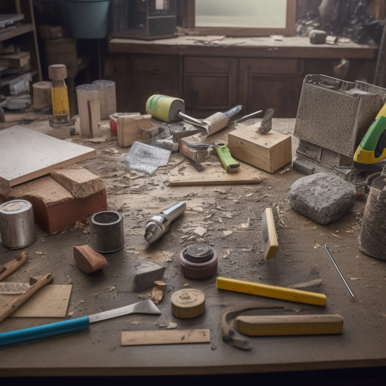 A cluttered workshop table with various leveling tools scattered across it, including a spirit level, laser level, and precision squares, surrounded by scattered renovation materials like wood shavings and drywall fragments.