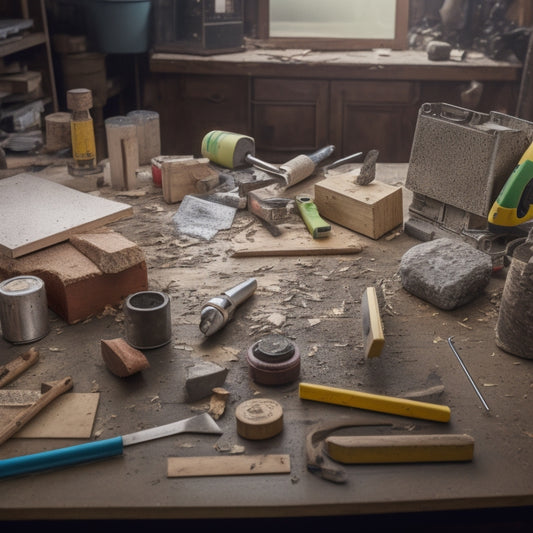 A cluttered workshop table with various leveling tools scattered across it, including a spirit level, laser level, and precision squares, surrounded by scattered renovation materials like wood shavings and drywall fragments.