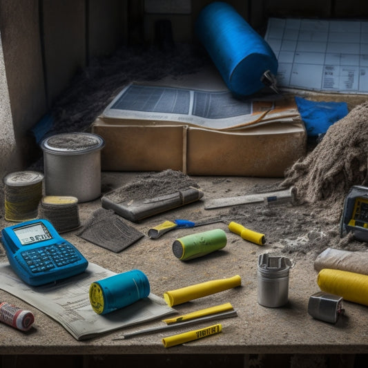 A cluttered DIY renovation site with scattered construction tools, bags of cement, and a partially built concrete structure, surrounded by measuring tapes, calculators, and a messy notebook.