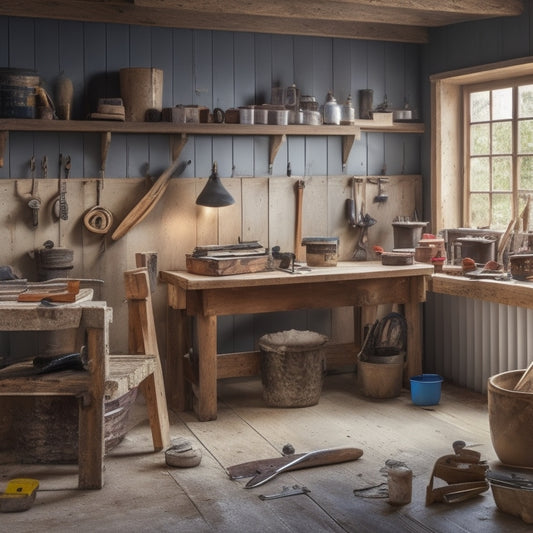 A tidy workshop with a wooden workbench, surrounded by neatly organized screed tools, including a spirit level, trowel, and mixing bucket, with a subtle background of a renovated home under construction.