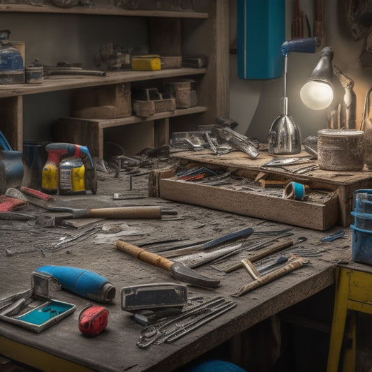 A cluttered workbench with a variety of demolition tools, including a sledgehammer, pry bar, bolt cutters, and wire strippers, surrounded by scattered nails, screws, and torn drywall.