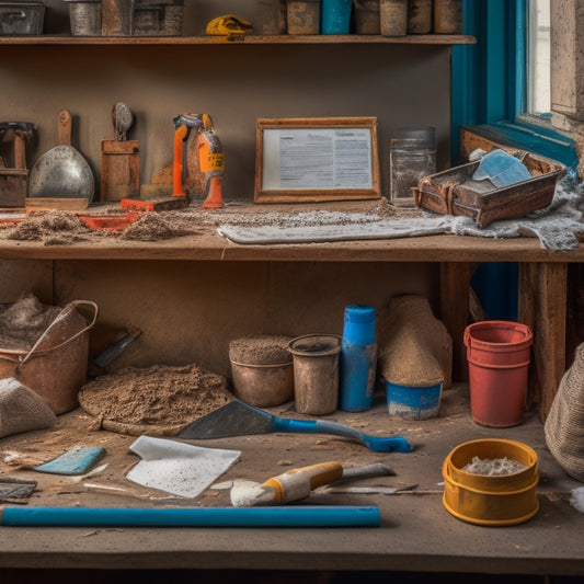 A cluttered workbench with a variety of DIY plastering tools and materials, including a mixing bucket, trowel, joint knife, and bags of powdered plaster, surrounded by scattered instructions and renovation plans.