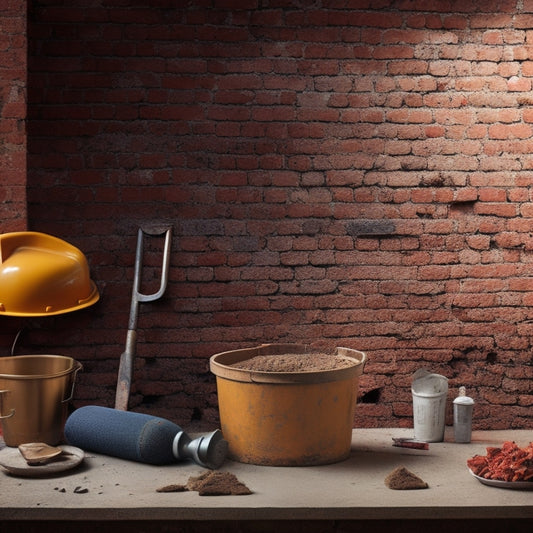 An image depicting a worn, crumbling brick wall beside a renovated section with smooth, even render, and a selection of high-quality trowels, levels, and mixing buckets in the foreground.