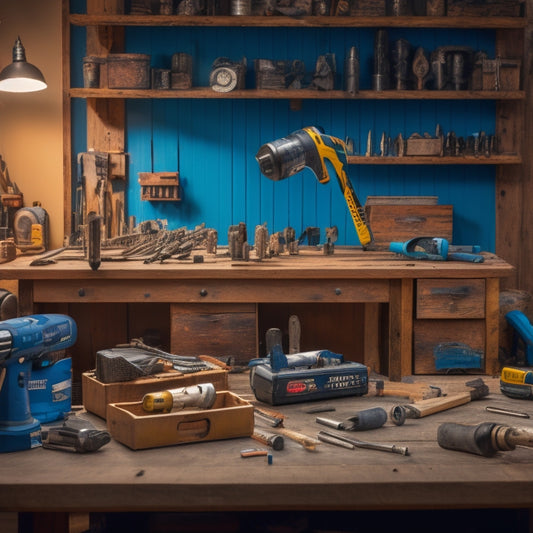 A cluttered workshop table with various drilling tools, including a cordless drill, impact driver, and bits, surrounded by wooden planks, screws, and a partially assembled bookshelf in the background.
