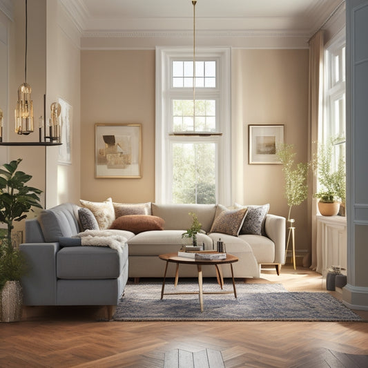 A serene, well-lit living room with a mix of modern and traditional elements, featuring a sleek wooden floor, plush cream-colored sofa, and a statement light fixture, surrounded by renovation tools and blueprints.