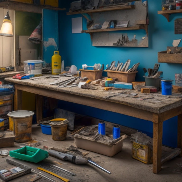 A cluttered workbench with various patching tools, including putty knives, spackling compounds, sandpaper, and caulk guns, surrounded by drywall scraps, paint swatches, and a half-repaired wall in the background.