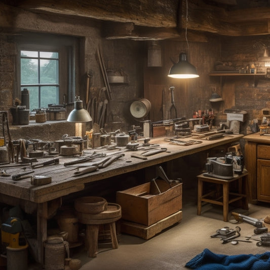 A cluttered, well-lit workshop with a wooden workbench in the center, surrounded by various tools and gadgets, including a cordless drill, level, tape measure, and a hammer, with a faint hint of a house renovation project in the background.