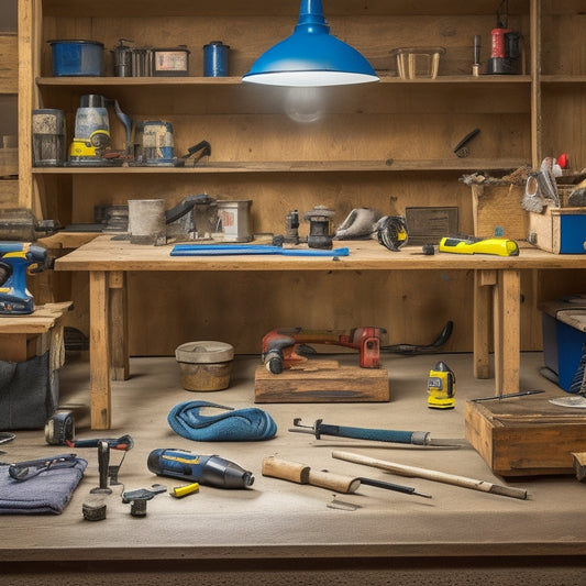A clutter-free workshop with a freshly sanded wooden floor, surrounded by essential tools like a cordless drill, safety goggles, earplugs, a dust mask, and a pry bar, on a tidy workbench.