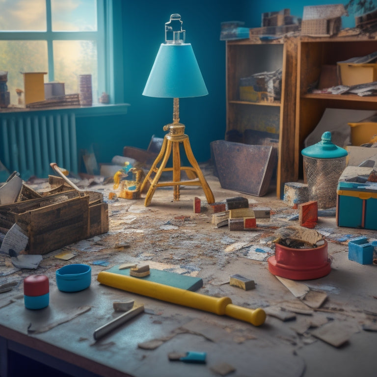 A messy, cluttered room with torn wallpaper, broken tiles, and scattered tools, with a magnifying glass hovering over a clipboard holding a checklist, surrounded by building blocks and a miniature house model.