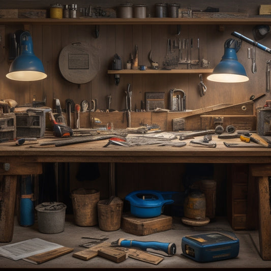 A cluttered but organized workbench with a variety of tools, including a cordless drill, tape measure, level, pliers, wrench, and hammer, surrounded by partially completed DIY projects and scattered blueprints.