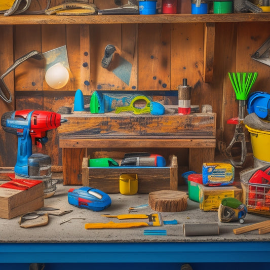 A cluttered DIY workbench with a variety of colorful tools, including a cordless drill, level, tape measure, and pliers, surrounded by scattered renovation materials like wood scraps, nails, and drywall pieces.