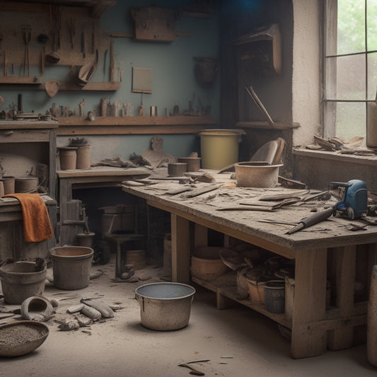 A cluttered but organized workshop with a variety of plastering tools, including trowels, hawks, and sanders, arranged on a wooden workbench amidst scattered plaster dust and renovation debris.