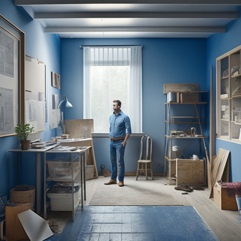 An illustration of a person standing in front of a partially renovated room with blueprints, tools, and materials scattered around, with a calm and organized atmosphere, surrounded by subtle hints of progress and chaos.