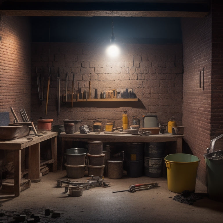 A well-lit, organized workshop with a partially renovated block wall in the background, surrounded by essential tools like trowels, levels, and mixing buckets, with a few blocks and mortar scattered around.