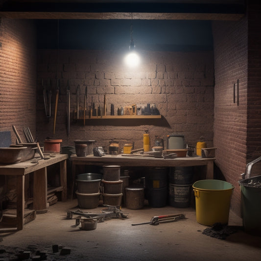 A well-lit, organized workshop with a partially renovated block wall in the background, surrounded by essential tools like trowels, levels, and mixing buckets, with a few blocks and mortar scattered around.