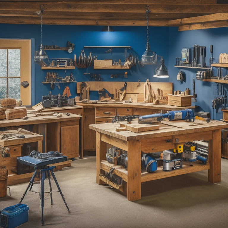 A clutter-free workshop with a sleek, wooden workbench, surrounded by neatly organized smart power tool packages, with a cordless drill, impact driver, and circular saw prominently displayed.