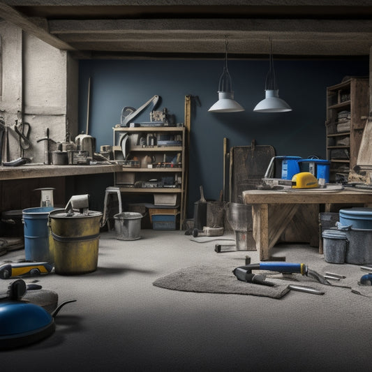 A cluttered workshop backdrop with a concrete floor, surrounded by scattered tools and equipment, including a mixing bucket, trowel, edger, grinder, safety goggles, and a level, with a faint renovation layout marked on the floor.