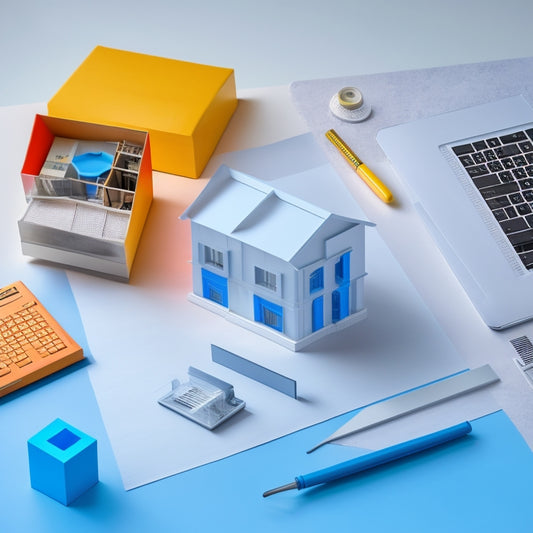 A minimalist illustration featuring a laptop with a floor plan blueprint on the screen, surrounded by scattered renovation tools, paint swatches, and a miniature 3D house model.