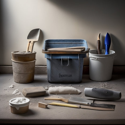 A neatly organized, shadowed toolbox with a plastering trowel, joint knife, and hawk, surrounded by scattered plaster dust, a patch of freshly plastered wall, and a few scattered DIY renovation tools.