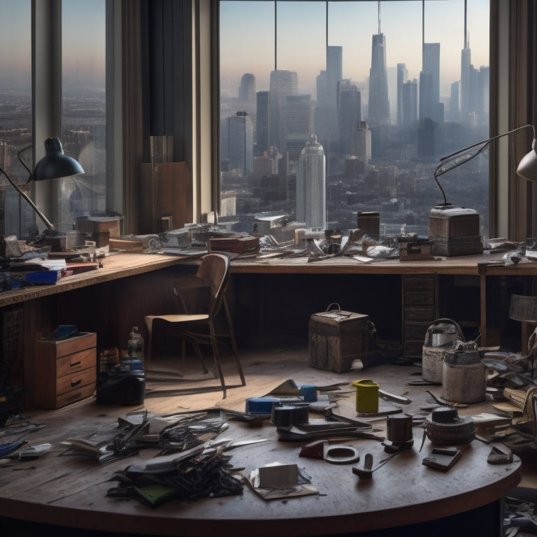 A cluttered workspace with various top floor grinders, dust masks, and renovation tools scattered around a half-finished hardwood floor, with a cityscape visible through a window in the background.