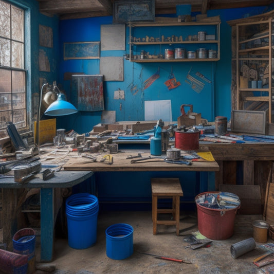 A cluttered, partially renovated room with scattered tools, paint cans, and blueprints, featuring a large, wooden workbench in the center with a rolled-up checklist and a few pencils on top.