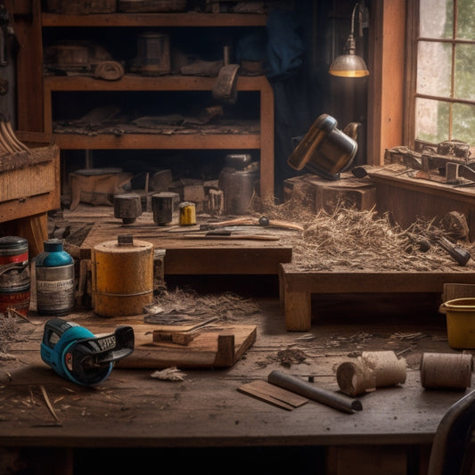 A cluttered workbench with a variety of worn, high-quality power tools, including a circular saw, drill press, and impact driver, surrounded by scattered wood shavings and metal scraps.