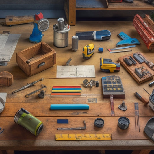 A cluttered workshop table with a variety of measuring tools scattered across it, including a tape measure, level, laser distance meter, stud finder, and combination square, surrounded by renovation plans and scattered tools.