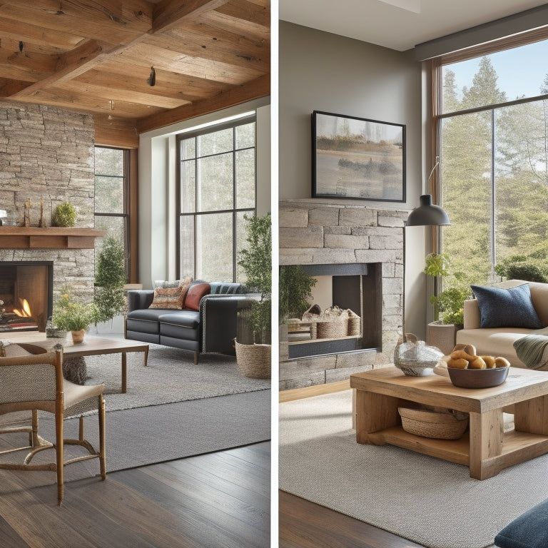 A beautifully renovated modern living room with hardwood floors, a stone fireplace, and a large window, with various sealers and renovation tools arranged neatly on a workbench in the foreground.