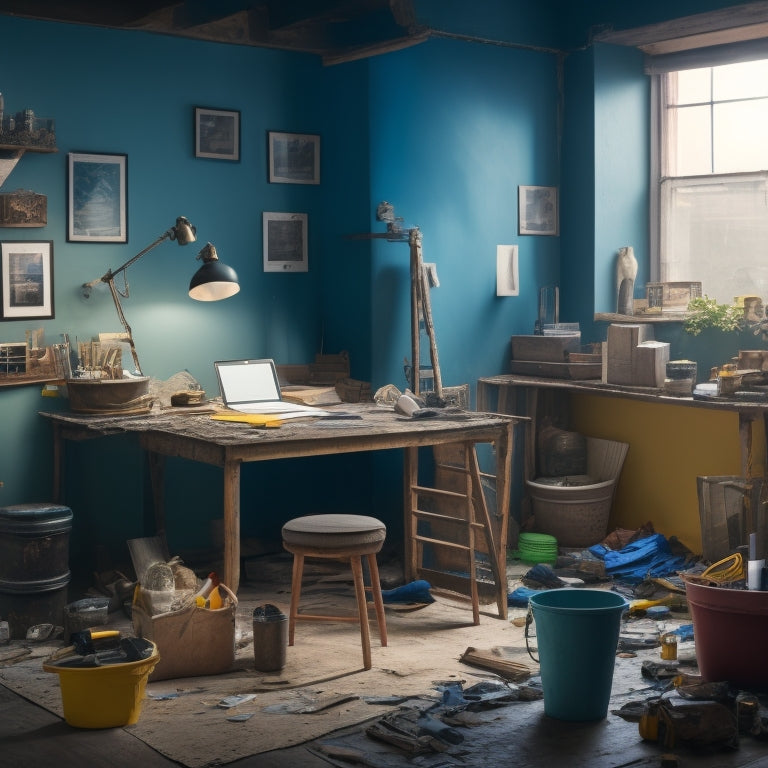 A messy room with renovation tools scattered around, a half-painted wall, and a ladder in the background, contrasted with a tidy and organized workspace in the foreground.