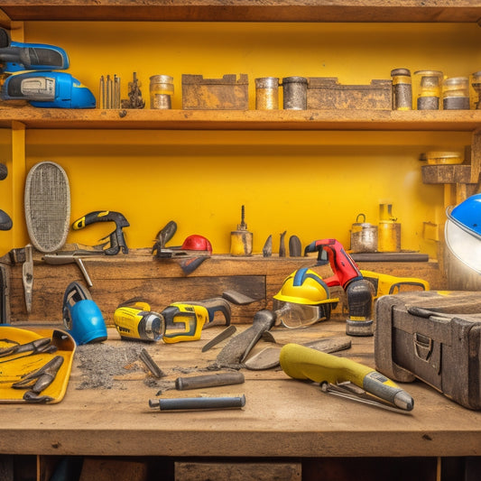 A cluttered workbench with a variety of tools, including a cordless drill, pliers, and wrench, surrounded by scattered screws and bolts, with a yellow hard hat and safety goggles in the foreground.