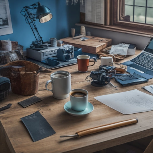 A tidy, organized workspace with a laptop, a cup of coffee, and a set of rolled-up blueprints on a wooden desk, surrounded by scattered renovation tools and materials.