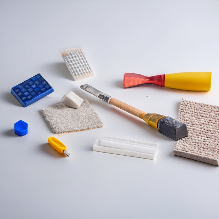 A close-up of a grouting tool set, including a grout float, grout scraper, and grout brush, arranged on a white background, surrounded by fragments of tiles and grout residue.