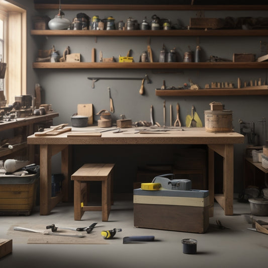 A clutter-free workshop with a wooden workbench in the center, surrounded by neatly organized laying tools, including a spirit level, tape measure, and trowel, on a light-gray background.