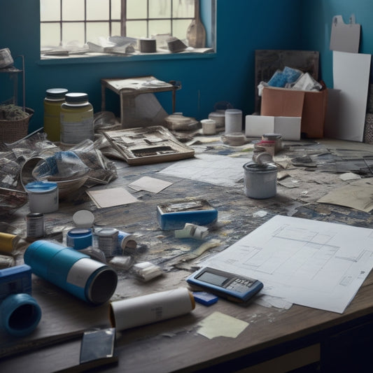 A messy, cluttered room with renovation plans, blueprints, and calculators scattered on a wooden table, surrounded by paint swatches, tile samples, and a half-demolished wall in the background.