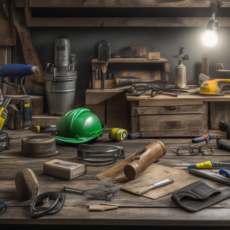 A cluttered workbench with a variety of DIY tools and safety gear, including goggles, earplugs, a dust mask, a hard hat, and a first aid kit, against a background of wooden planks and scattered power tools.