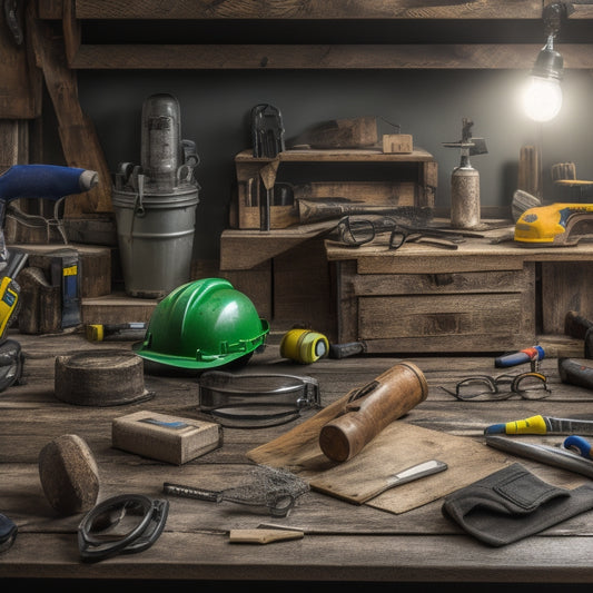 A cluttered workbench with a variety of DIY tools and safety gear, including goggles, earplugs, a dust mask, a hard hat, and a first aid kit, against a background of wooden planks and scattered power tools.