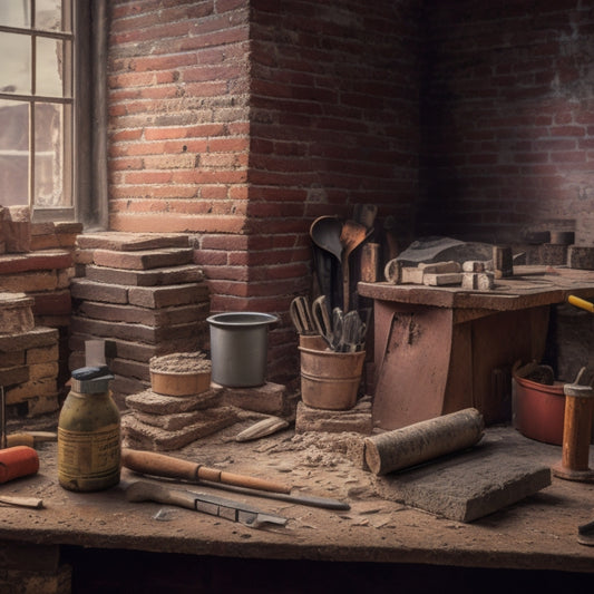 A cluttered workbench with various brick work tools, including a trowel, level, jointer, and hammer, surrounded by scattered bricks, mortar, and a partially built brick wall in the background.